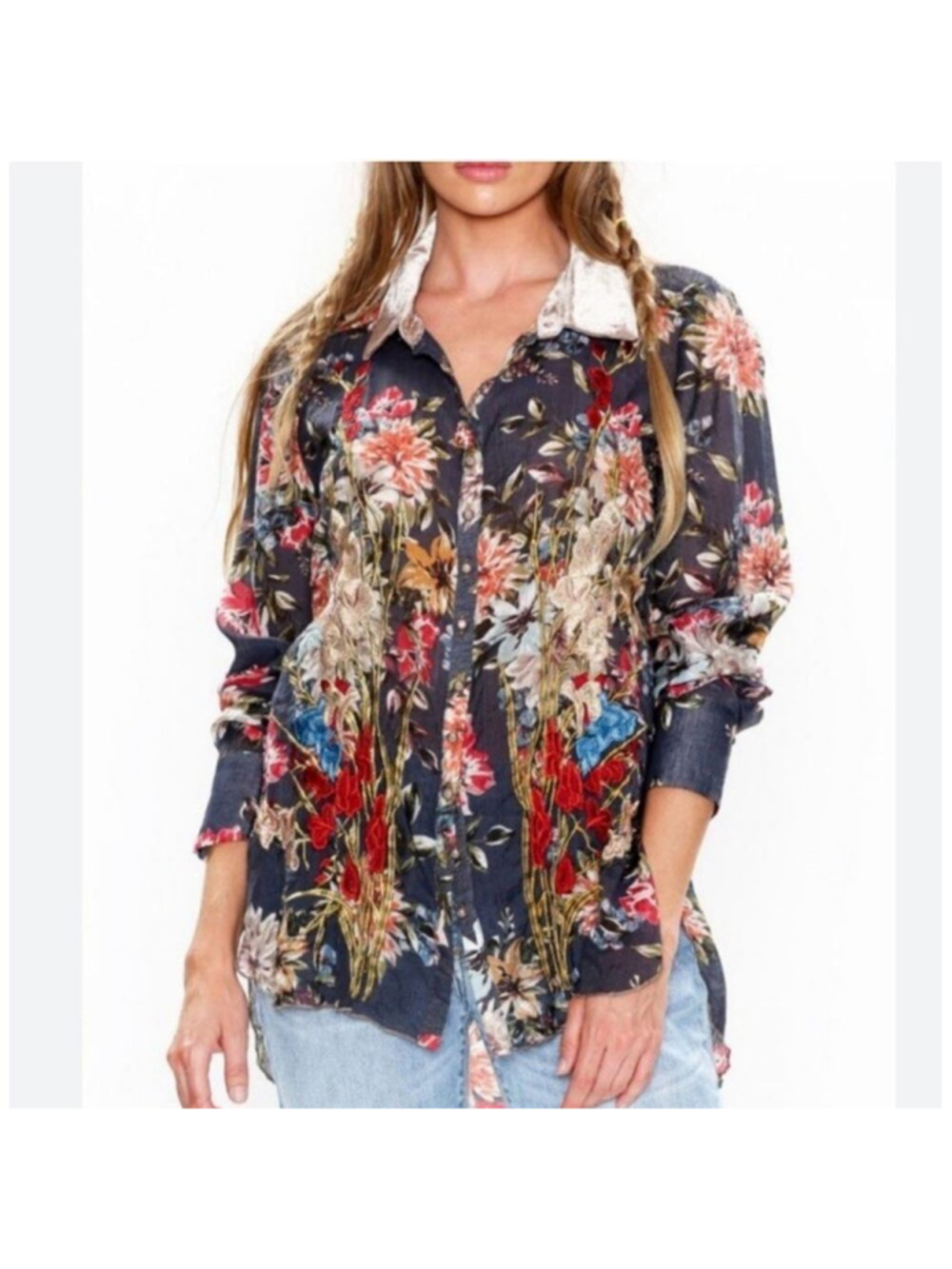 Aratta Silent Journey Artsy Floral Boho Metallic Embroidered Button Up XS